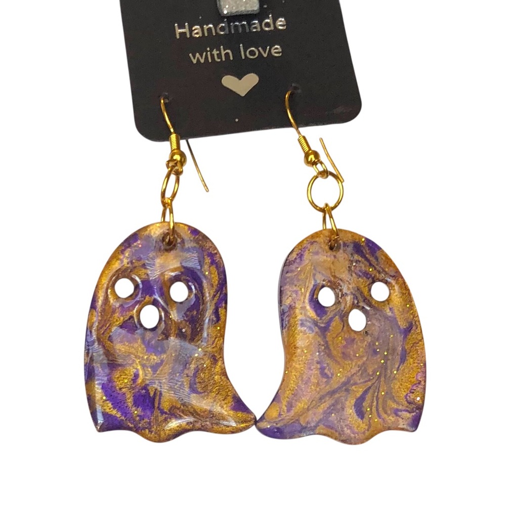 Ghost Earrings Handmade Purple & Gold NEW